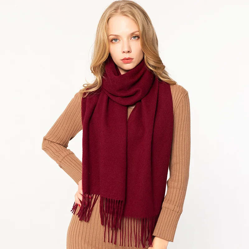 Dark Red Однотонный серый шарф из чистой шерсти для женщин, зимний роскошный бренд, шерстяные шали и накидки для дам, пашмины, теплые кашемировые шарфы - Цвет: Dark Red