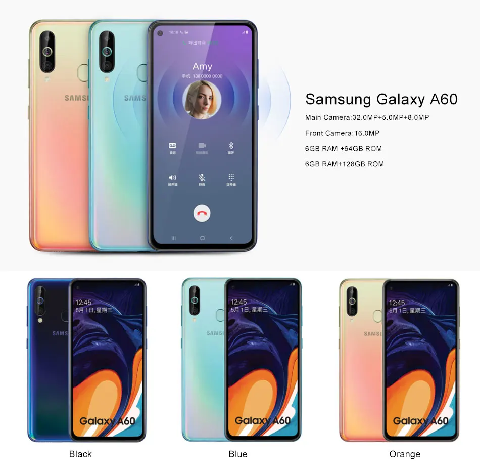 Мобильный телефон samsung Galaxy A60 A6060 Android, две sim-карты, четыре ядра, Snapdragon675, 6,3 дюймов, 6 ГБ ram, 64 ГБ rom, 3 тыловые камеры NFC