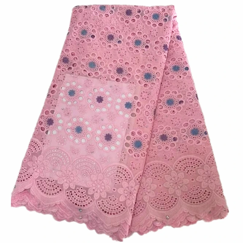 

New african lace fabric 2019 high quality lace pink swiss voile lace cotton fabric with stones for women