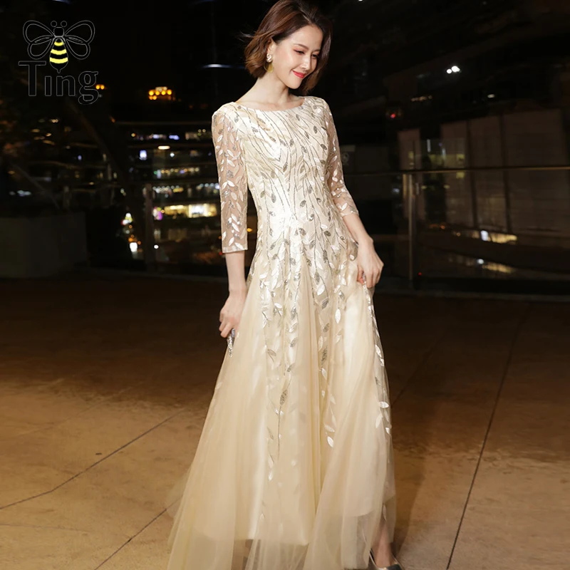 Tingfly Luxury Leaf Sequies Embroidery Ball Gown Champagne Birthday Party Night Dress Vintage Elegant Prom Maxi Long Elbis | Женская