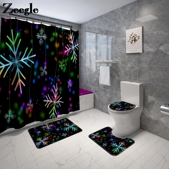 

4PCS Colorful Style Bath Mat Toilet Seat Cover Bathroom Non-Slip Carpet Set Waterproof Foot Carpet Shower Curtain Suit