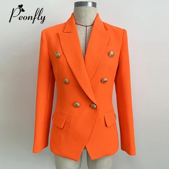 

PEONFLY Newest 2019 Designer Blazer Women's Long Sleeve Double Breasted Metal Lion Buttons Blazer Jacket Outer Orange