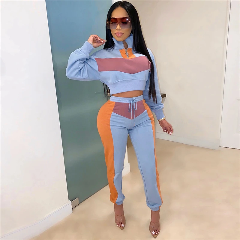 

Color Patchwork Women Tracksuit Two Piece Set Zipper Turtleneck Long Sleeve Sweatshirt Crop Top Casual Pants Sportswear