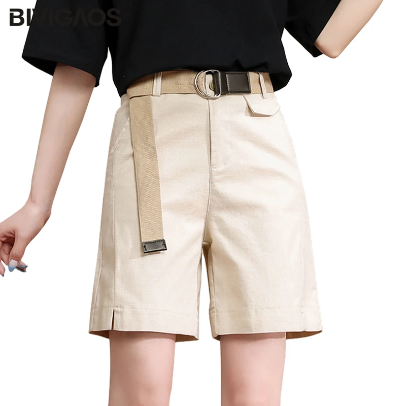 BIVIGAOS cortos con para mujer, pantalón corto cintura alta, Color caqui, informal, con fajas, pierna ancha, colores|Pantalones cortos| - AliExpress