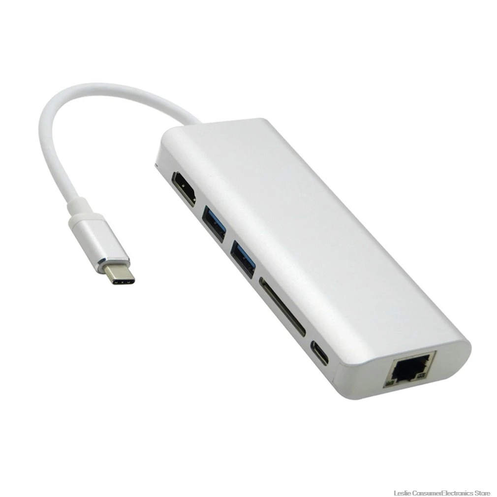 6 в 1 usb type C концентратор адаптер конвертер w/4 K HDMI, 1000M Enthernet RJ45 порт, type-C зарядный порт, SD кард-ридер и 2 USB 3,0