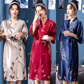 

9 Color Simulation Silk Wedding Ladies Long Bridesmaid Red Bride Morning Gowns Home Robe Cool Breathable Nightgowns