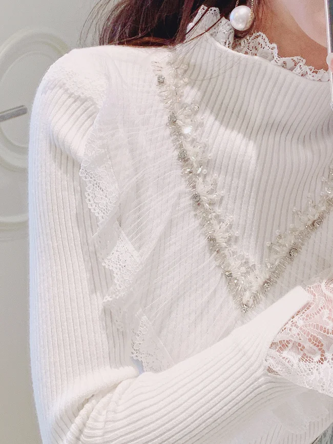 Neploe Heave работа Бисероплетение лоскутное кружево Pull Femme Hiver половина высокая шея вязаный пуловер сплошной длинный рукав обтягивающий Sueter 47535