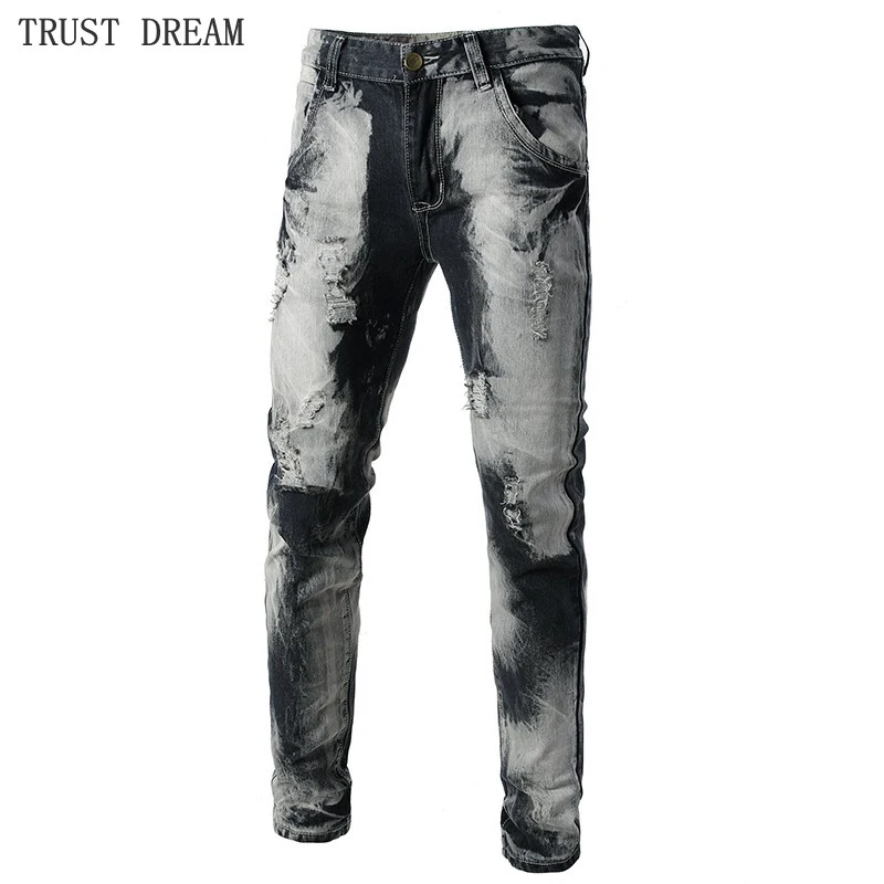 Fall Winter 2019 Man straight Jeans Slim Patchwork Contrast Color Fashion Europeans Style Denim Cool Pants Men Quality Fit Jean