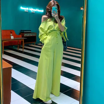 

LANMREM 2020 New Summer Fashion Women Clothes Slash Neck Full Sleeves Short Top And High Waist Full Length Pants WH40306