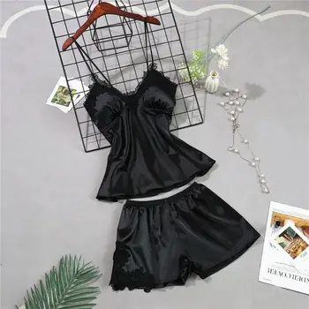 

Ladies Sexy Silk Satin Pyjama Set Lace Pajama Set V-neck Pijama Feminino Summer Hot Sleepwear Nighwear For Women