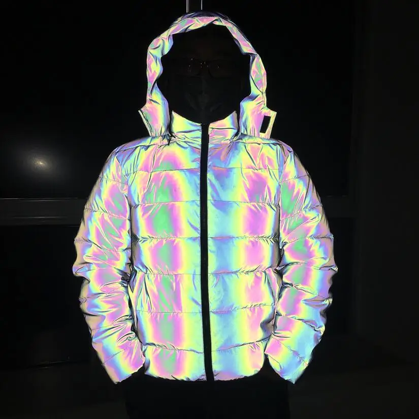 

Women/men Hip Hop Hooded Parka Rainbow Dazzling 3M Reflective Light Winter Jacket Coat Windbreaker Younger Padded Cotton Coat