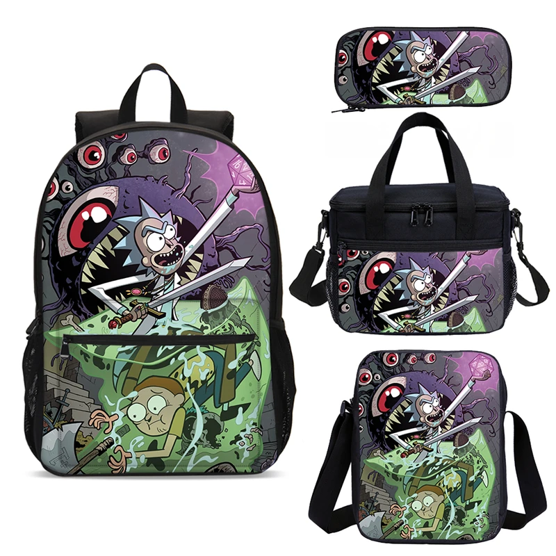 

4pcs Set Rick And Morty Backpack School Bags Teenager For Boys Girls School Backpack With Lunch Box Kit Mochila Escolar Infantil