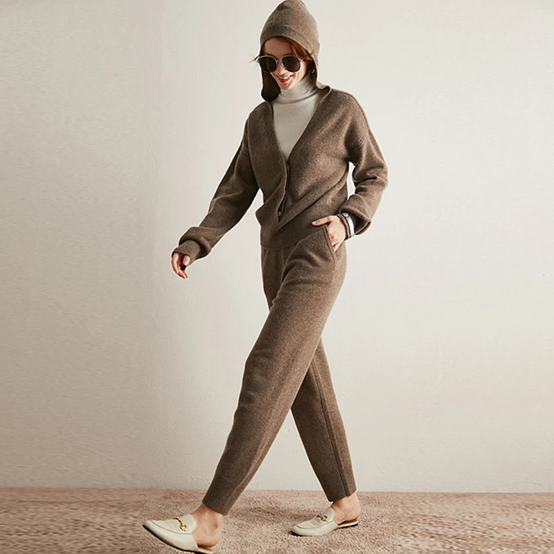 

100% Cashmere Sweater Women Hooded Pullover Loose V Neck Long Sleeves 4 Colors Ladies Casual Coat Knitwear New Fashion