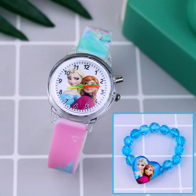 Fashion Cartoon Flash Light Girls Watches Kids with Bracelet Silicone Strap Princess Elsa Children Watches Clock reloj infantil Pink with Bracelet