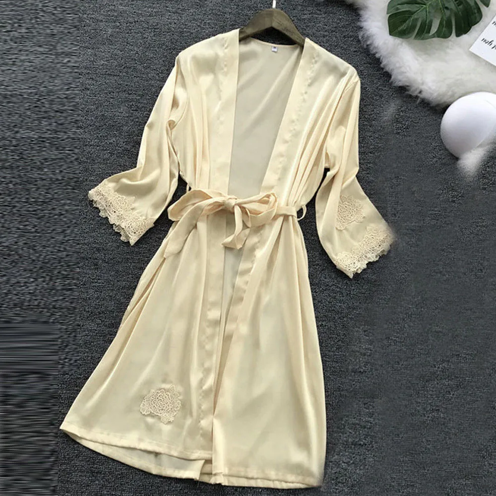 Осенний пижамный комплект для сна, женское белье, Шелковый кружевной халат, ночная рубашка, ночная рубашка, комплект кимоно с нагрудной накладкой