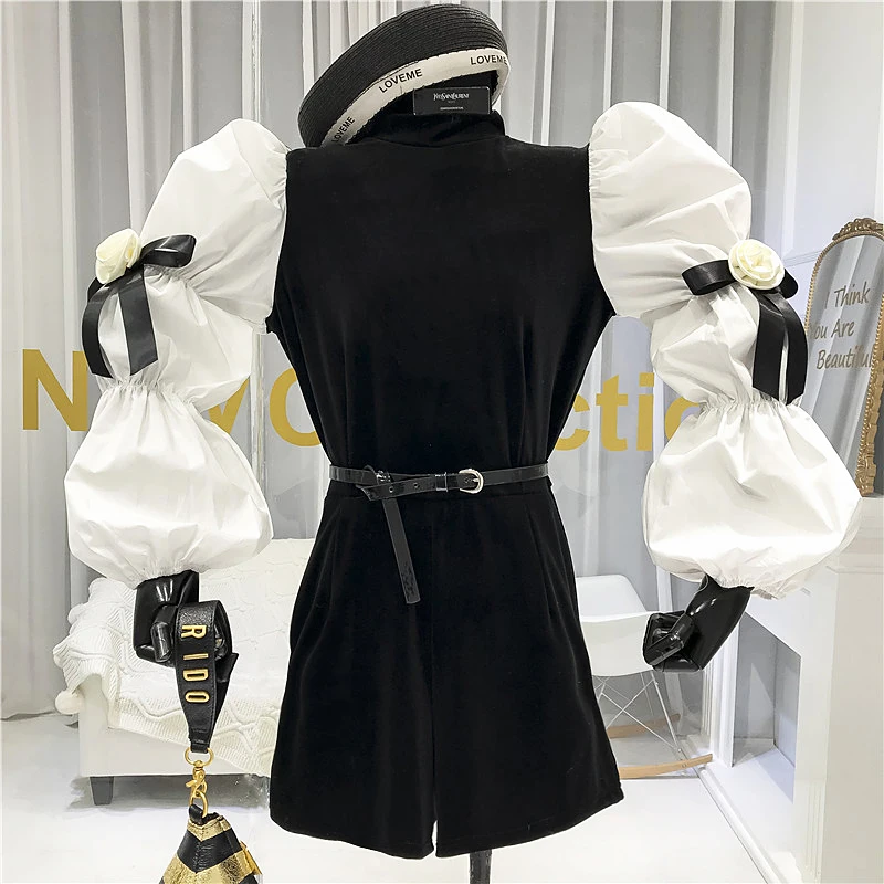 Новинка; сезон весна-осень; винтажный облегающий бархатный комбинезон с рукавами-пузырьками и цветочным украшением; женские шорты