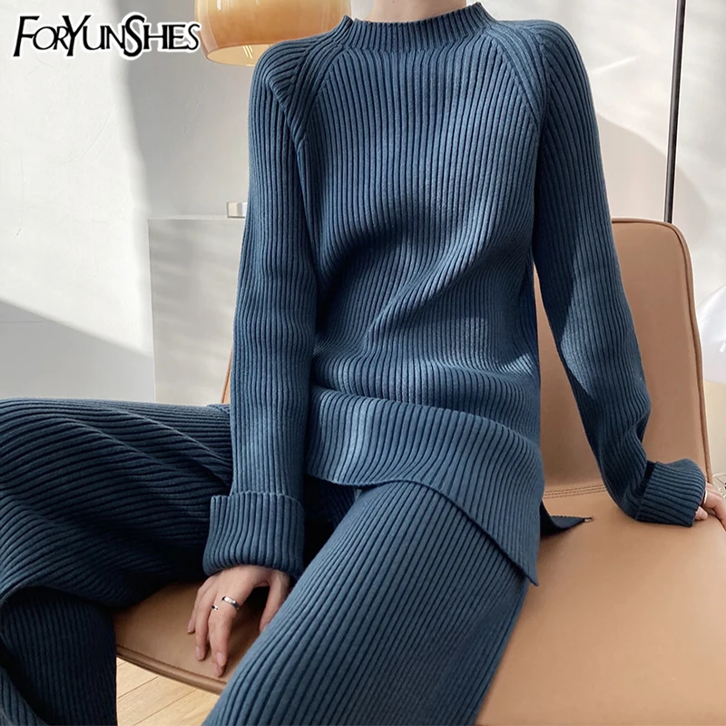 

FORYUNSHES Two Piece Set Fashion Loose Knitted Suit Women's Thicken Warm Splitted Pullover Sweater +Wide Leg Pants 2020 Winter