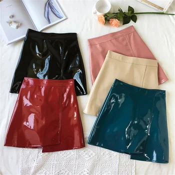 

Latex Leather Sexy Mini Skirt Women Summer 2020 Night Club Black Reflective Bodycon Skirts High Waist Split Red Pink Office Slim
