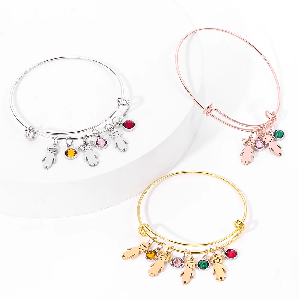 Pulsera de acero inoxidable personalizada para niño y niña, brazalete con grabado de nombre, fecha, cuentas de piedra de nacimiento, joyería familiar