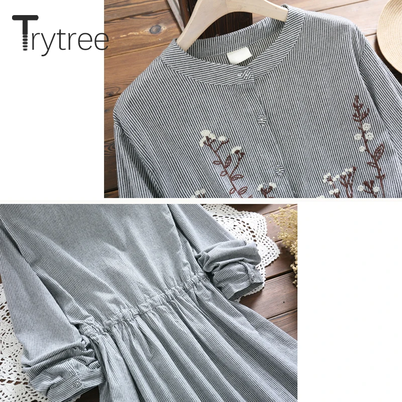 Осеннее женское платье Trytree Повседневное рубашка в полоску с круглым вырезом и