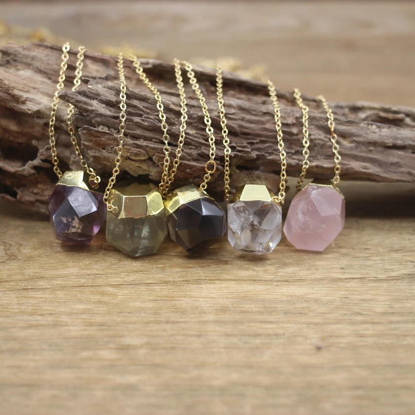 

Faceted Nugget Crystal Pendants Necklace,Large Amethysts Smoky/Rose/Lemon Quartz Citrines Charms Women Jewelry Dropship,QC3097