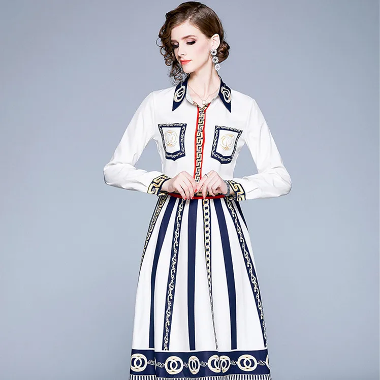 

Ozhouzhan Autumn Clothing New Style Shirt Printed Long Sleeve + Waist Hugging Slimming A- line Stripes Medium-length Skirt Two-P