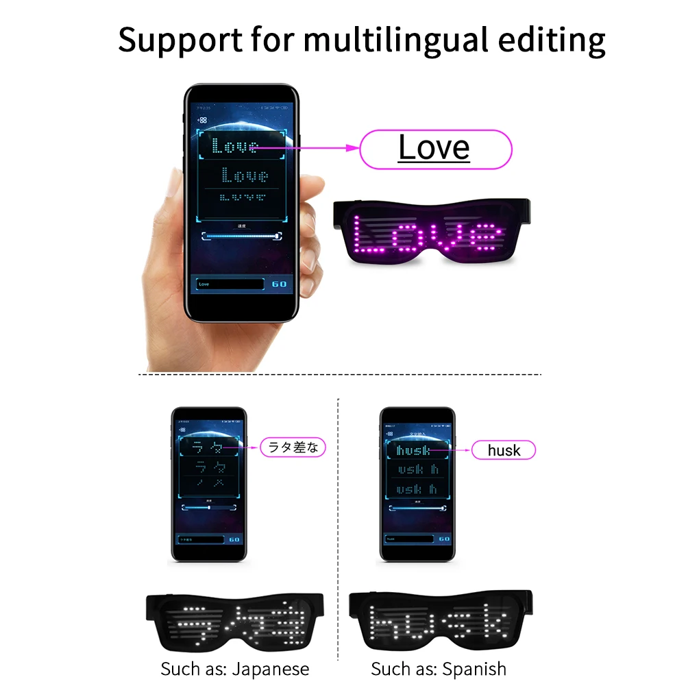 Волшебные светящиеся очки Bluetooth управление приложением светодиодные очки для вечеринок щит USB зарядка DIY управление приложением Многоязычная быстрая вспышка Led