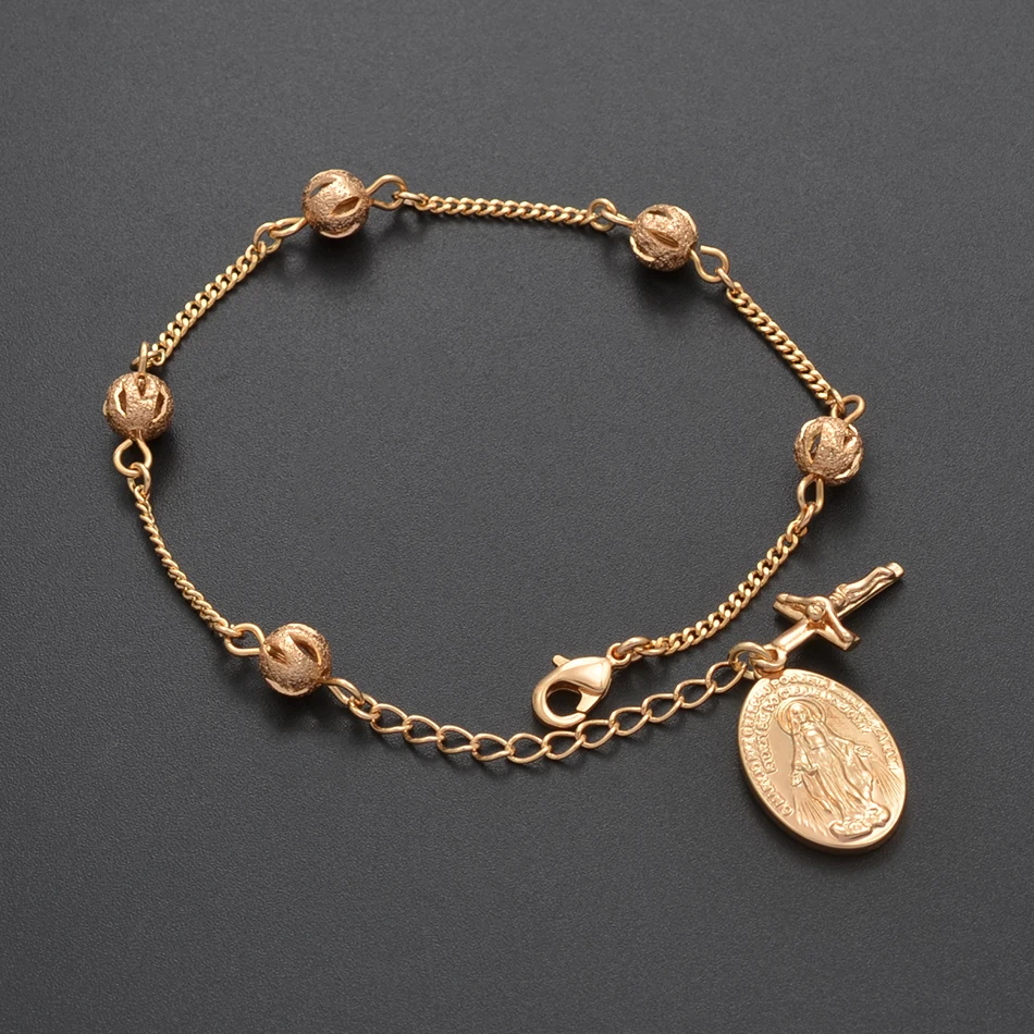 

20CM Virgin Mary Cross Charm Bangles Bracelet for Women Girls Rose Gold Ball Bracelets Hand Chain Jewelry