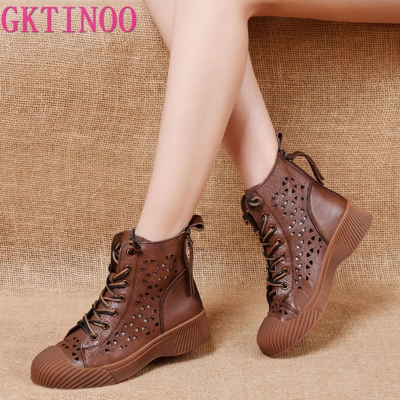 GKTINOO Botas Tobilleras Planas con Calados para Mujer, Botines Transpirables de Cuero Auténtico con Tacón Cuadrado y Cremallera, Novedad, Moda en Femenino, Verano|Botas hasta el tobillo| - AliExpress