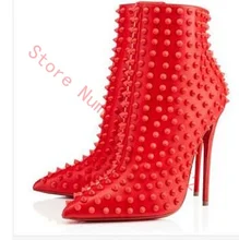  Ladies new pure white black high heel boots classic boots female stiletto pointed rivet cool boots large size 35-44 