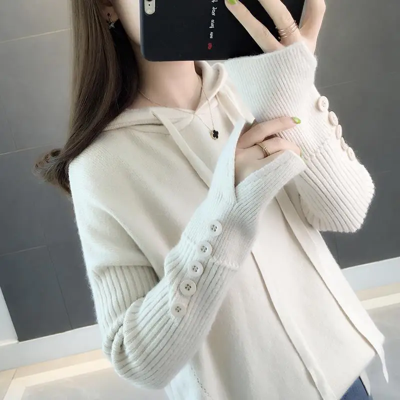 Women Hooded Pullover Sweater Korean Style Loose Knitted Sweatershirt Autumn Winter Tops Clothing Q9020 | Женская одежда