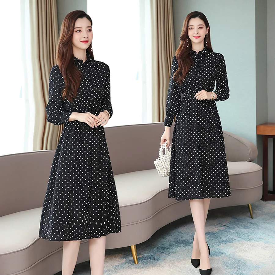 Tanie 2019 w stylu Vintage czarna kropka eleganckie sukienki midi jesień zima kobiet druku plaża z długim rękawem sukienka eleganckie kobiety Bodycon Party Vestidos