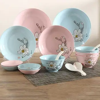 

DishyKooker 16-Piece Ceramic Kitchen Dinnerware Flower World Design Tableware Set Include Bowls Plates Sauce Dishs Soup Spoons