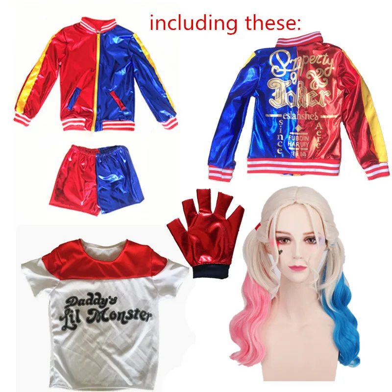 Для женщин, для девочек, Харли Квинн, косплей, самоубийца, костюм команды жакет Джокера, костюмы с париком, год, Рождественский Костюм - Цвет: Adult glove wig