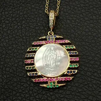 

white Mop shell cameo Virgin Mary CZ Micro Pave Pendant chain necklace 17.5''