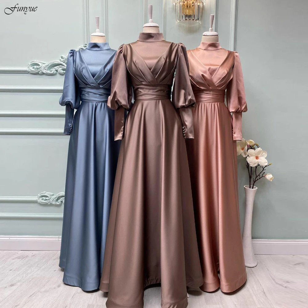 long gown Funyue Elegant A-Line Satin Hijab Evening Gowns Long Sleeve Muslim Formal Dress Simple Abiye Gece Elbisesi Abendkleider 2022 evening wear