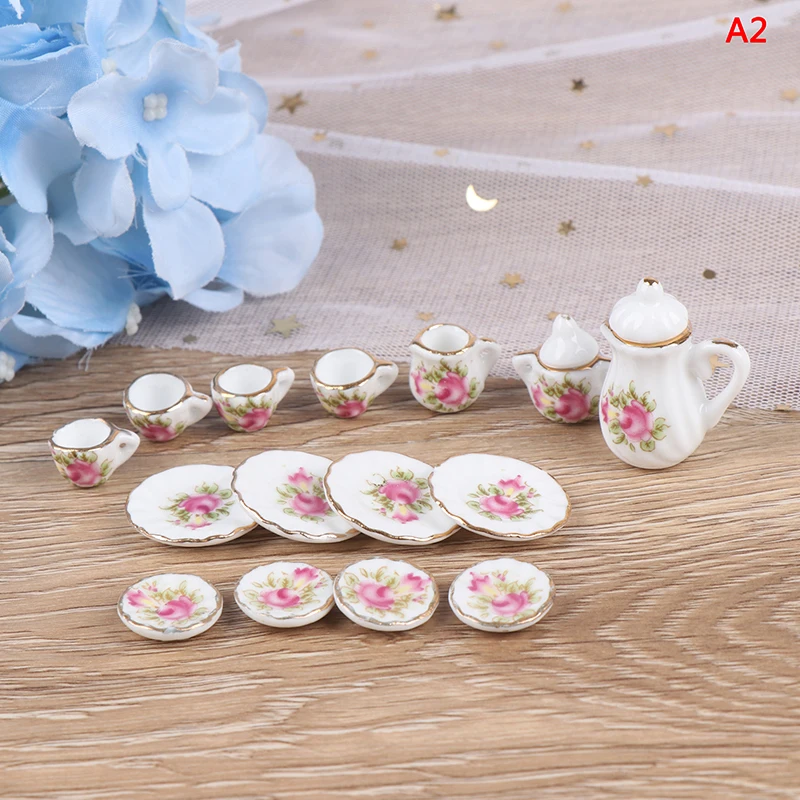 1Set Ceramic Scale 1:12 Doll House Miniature Porcelain Tea Cup Set Tableware Kitchen Dollhouse Teapot DIY Toys 17