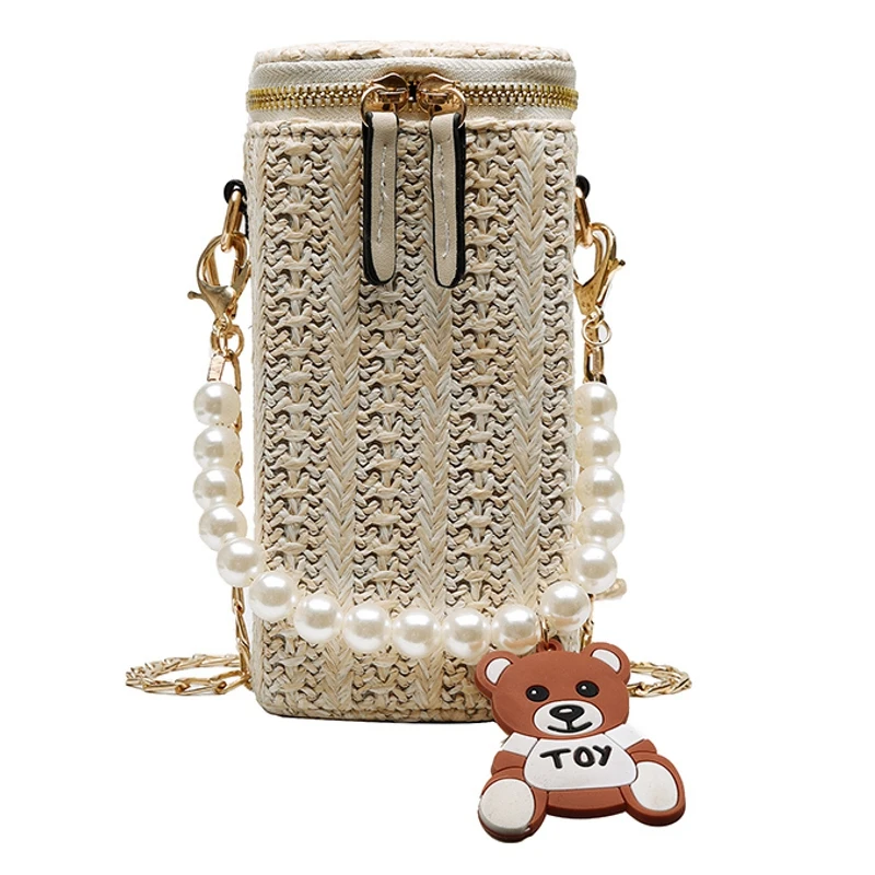 

Women'S Straw Bag One-Shoulder Chain Bag Beach Slung Bucket Bag Pearl Handbag