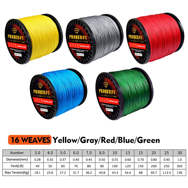 Proberos Fishline 300M&500M&1000M Fishing Line Green/Gray/Blue/Red/Yellow  Color 4 Stand braided line 6LB-100LB Pe Lines