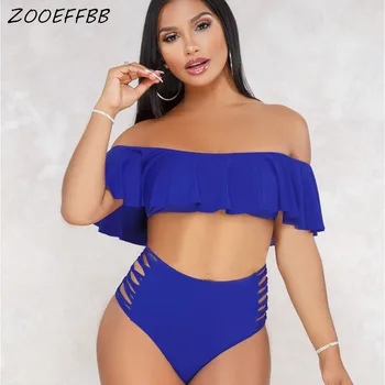 

ZKYZWX Sexy Plus Size Ruffle Two Piece Set Women Swimwear Summer Clother Crop Top and Shorts 2 Pcs Beach Outfits Bathing Suit