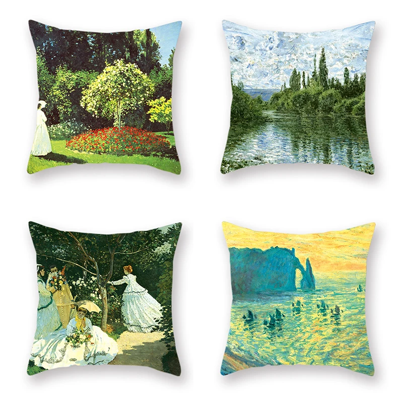 

4Pcs French Famous Pillowcase Classical Monetena Estuary Bed Colorful Decorative Cushion Cover Four Season for Christmas Pillow