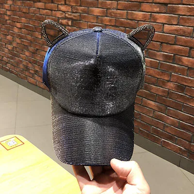 Black Blue Корейские милые женские бейсболки с кошачьими ушками, новинка, Модные цветные блестящие кепки, уличные солнцезащитные козырьки, регулируемые 54-58 см - Цвет: Black Blue