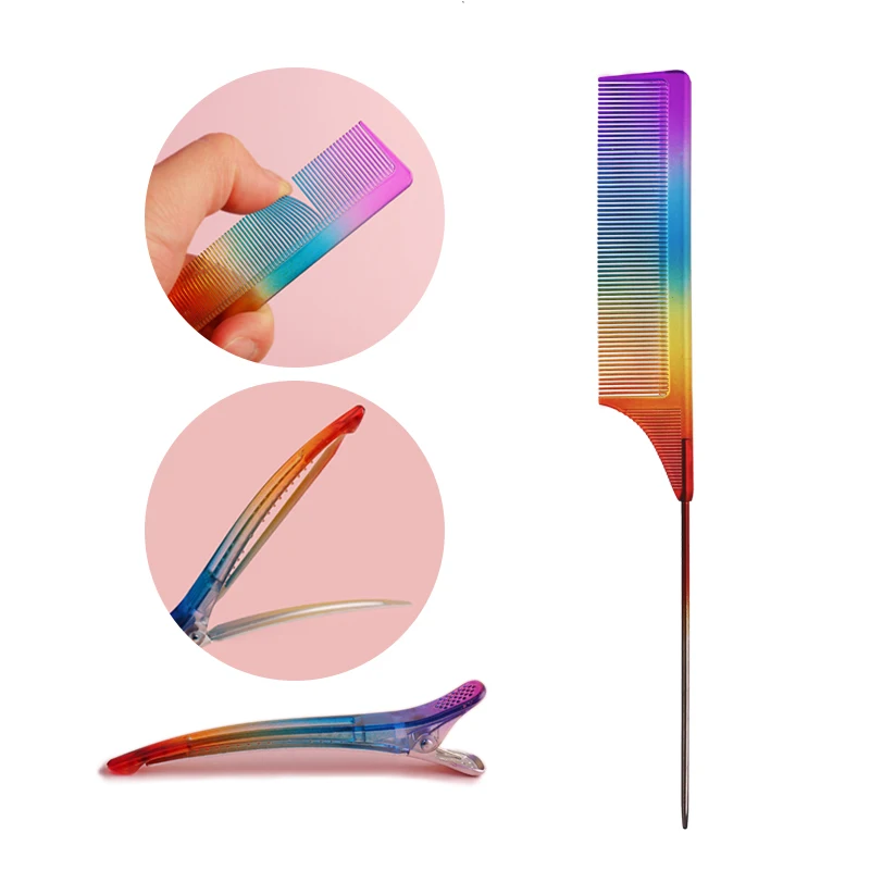 Anti-static Rainbow Hair Comb Rainbow Hairpin Fixed Styling Clip Flat Duck Mouth Hair Clips Pro Salon Hair Styling Tool