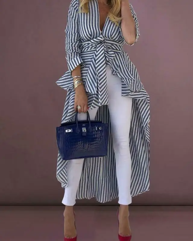 Plus Size 2019 Women Long Sleeve V-neck Autumn Blouse Lady Loose Long Style Design Chic Dovetail Striped Shirt Plus Size 2019 Women Long Sleeve V-neck Autumn Blouse Lady Loose Long Style Design Chic Dovetail Striped Shirt
