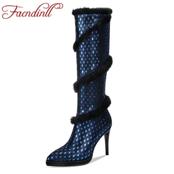 

FACNDINLL Black Zipper Knee High Boots Fretwork 2019 New Genuine Leather Boots Women Sexy High Thin Heel Winter Warm Boots Shoes