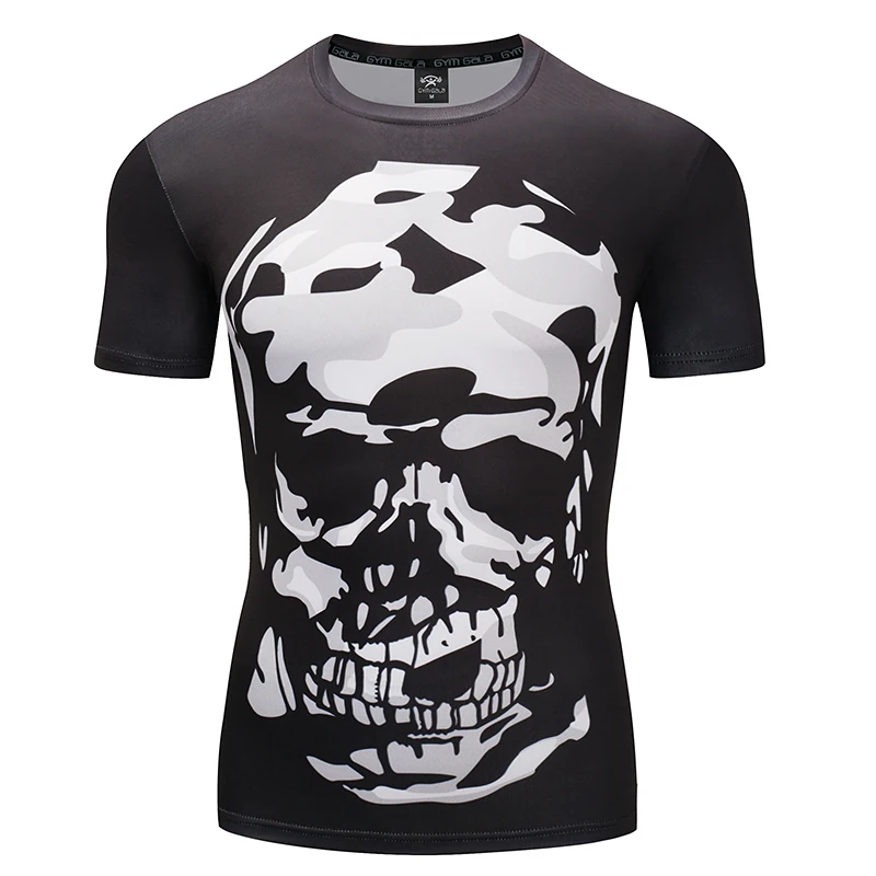 

Summer short-sleeved skull print men's tight high-quality O-neck comfortable shirt exercise figure stretch fitness T-shirt
