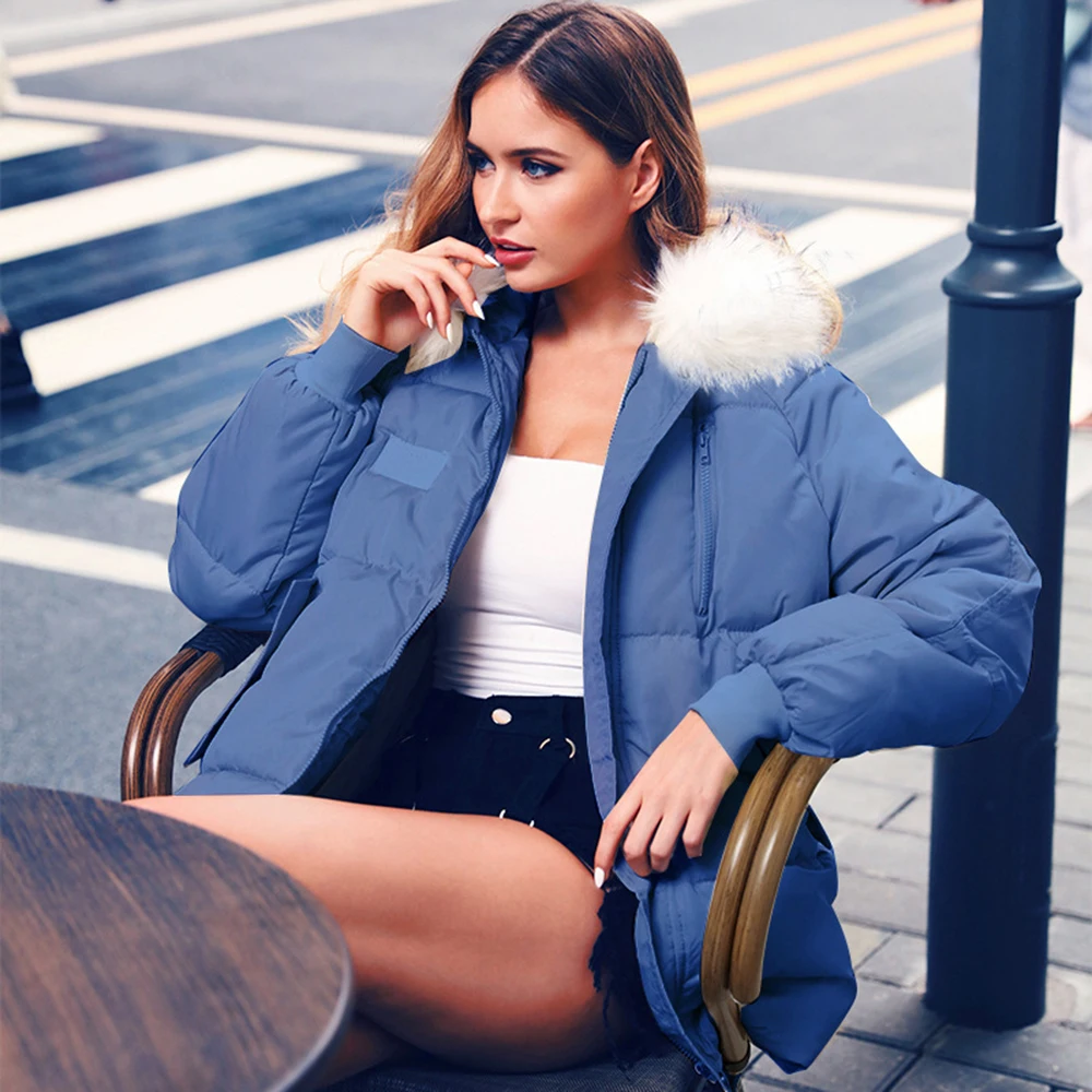 

Hooded Down Jacket For Ladies Winter Cotton Coat With Fur Women Thick Warm Downy Coat Zip Up Casual Long Sleeve Outerwear D20