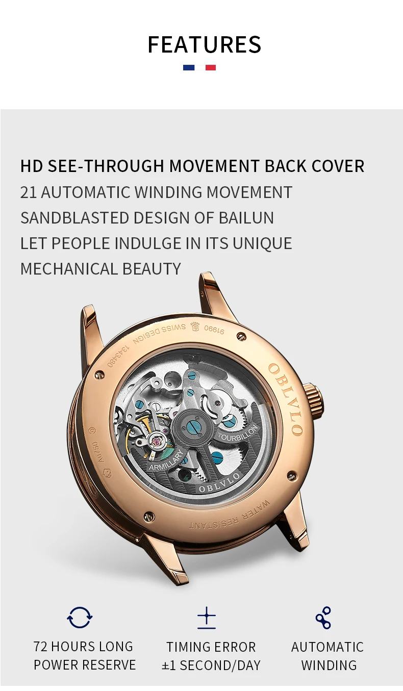 OBLVLO Luxury Retro Casual Men Skeleton Automatic Watches Mechanical Calfskin Strap Mineral Crystal Glass Waterproof Clock VM