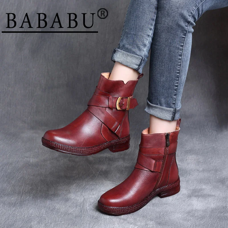 

2019 autumn and winter new national style retro leather round head side zipper comfortable flat bottom soft bottom boots women's
