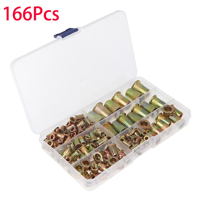 

166Pcs Mixed Carbon Steel Flat Head Rivet Nut Zinc Plated Threaded Insert M3 M4 M5 M6 M8 M10 M12 Electrical Nut Kit